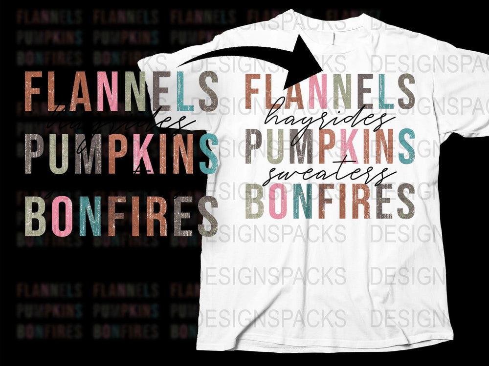 Autumn Flannels Pumpkins Sweaters Bonfires Graphic T-Shirt, Cozy Fall Festival Tee, Unisex Casual Fashion Top