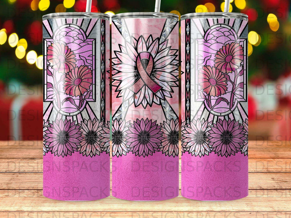 Pink floral pattern with a pink ribbon and subtle glitter accents on three tumblers.
