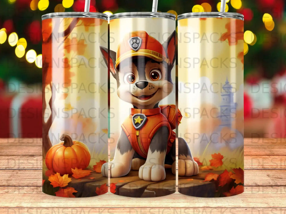 Chase from Paw Patrol character on a wooden bench with autumn leaves.