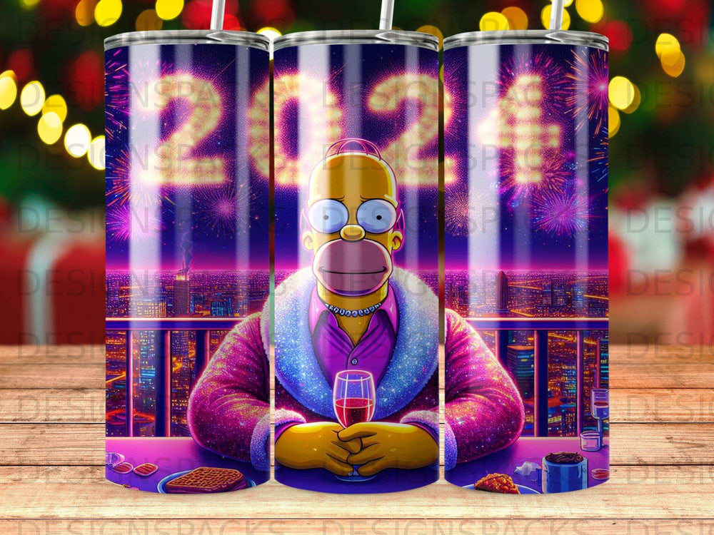 Homer Simpson wearing a fur coat, holding a drink, with fireworks over a city.