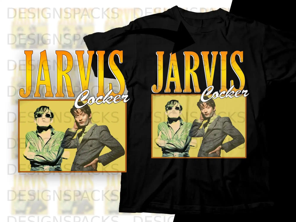Jarvis Cocker graphic tee with vintage yellow framed portrait.