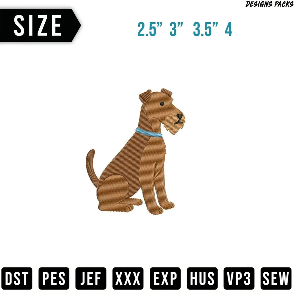 Embroidery design of an Irish Terrier, with size options and file formats listed.