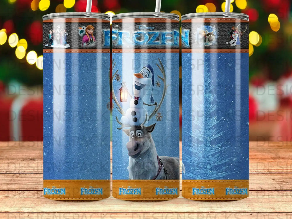 Frozen themed tumbler featuring Olaf, Sven, and Elsa against a snowy background.