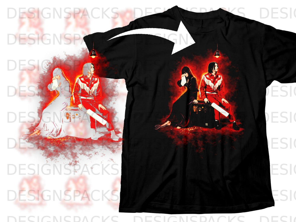 Black t-shirt featuring the White Stripes duo in red outfits and a woman in black.