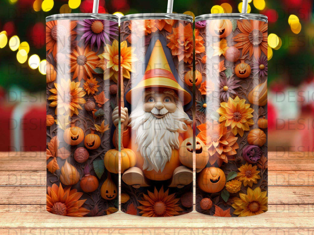 Gnome with pumpkins and fall flowers on a seamless pattern tumbler.