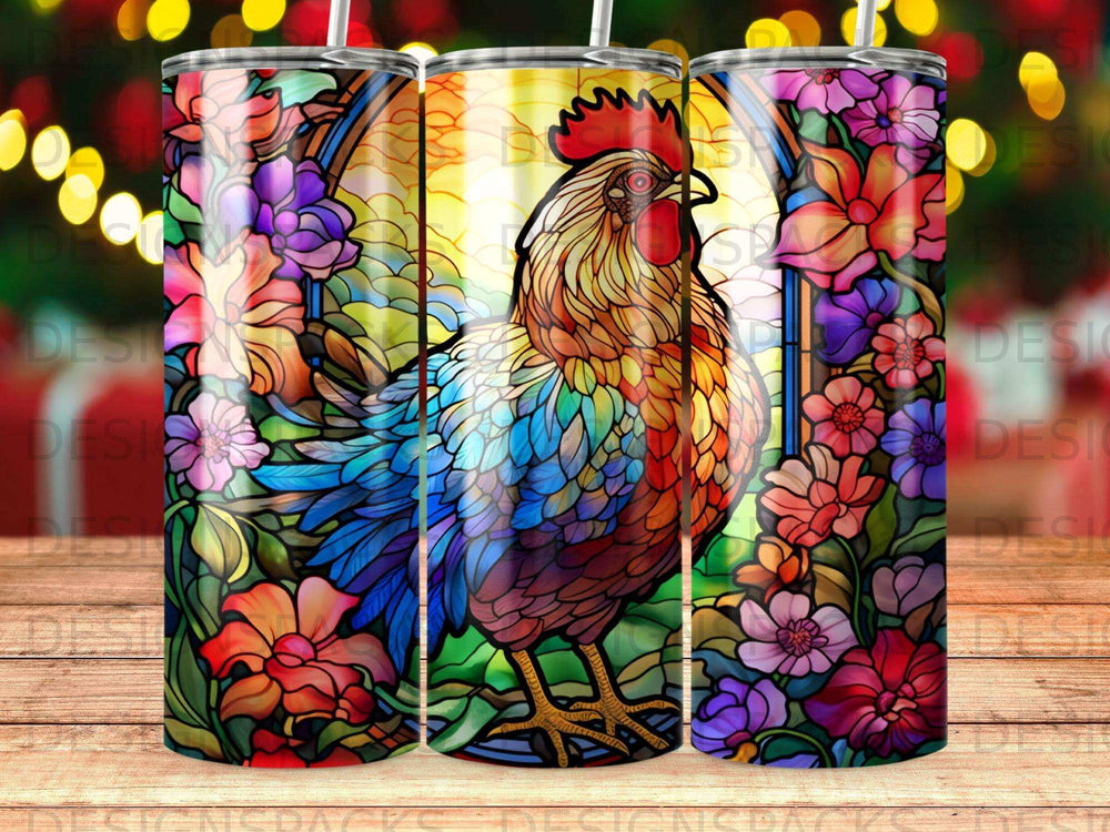 Rooster with colorful stained-glass floral patterns on a tumbler.