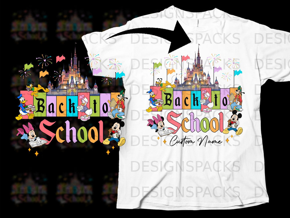 Disney characters with a castle, flags, and fireworks, saying "Back to School".