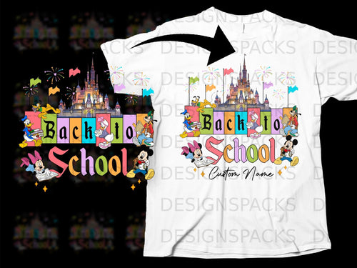 Disney characters with a castle, flags, and fireworks, saying 