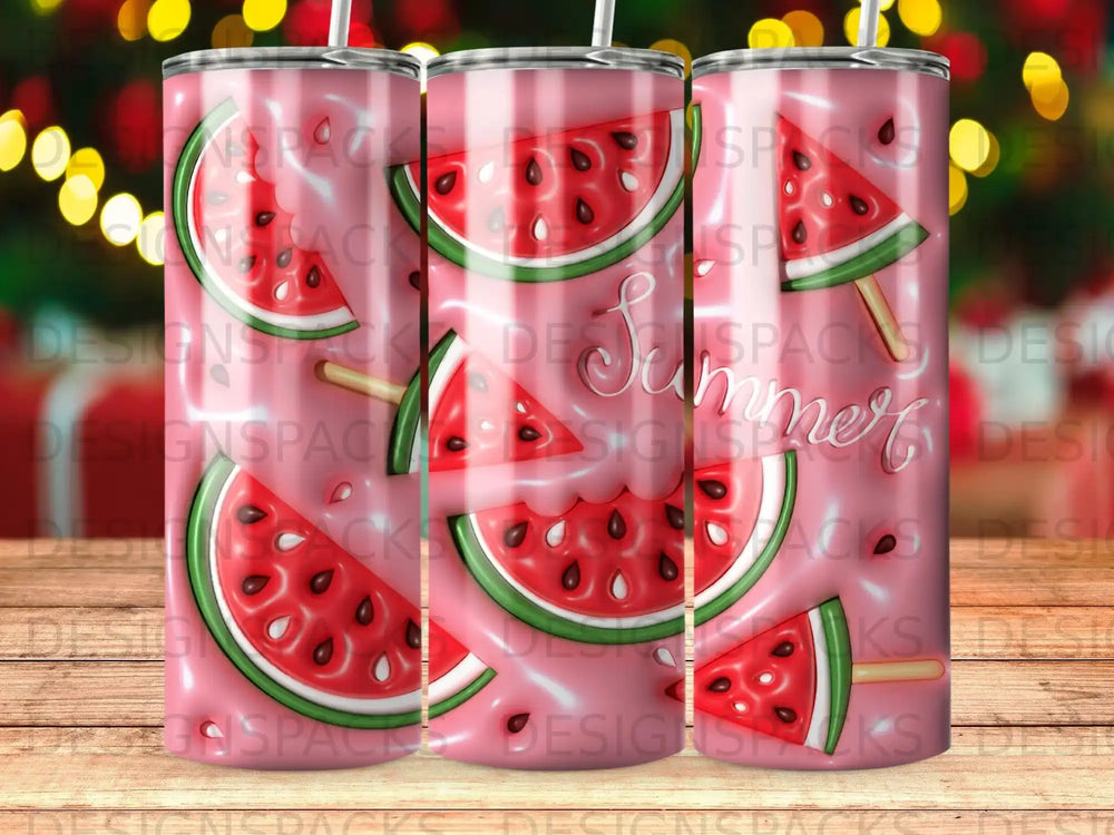 Tumbler with sliced watermelon design and "Summer" text.