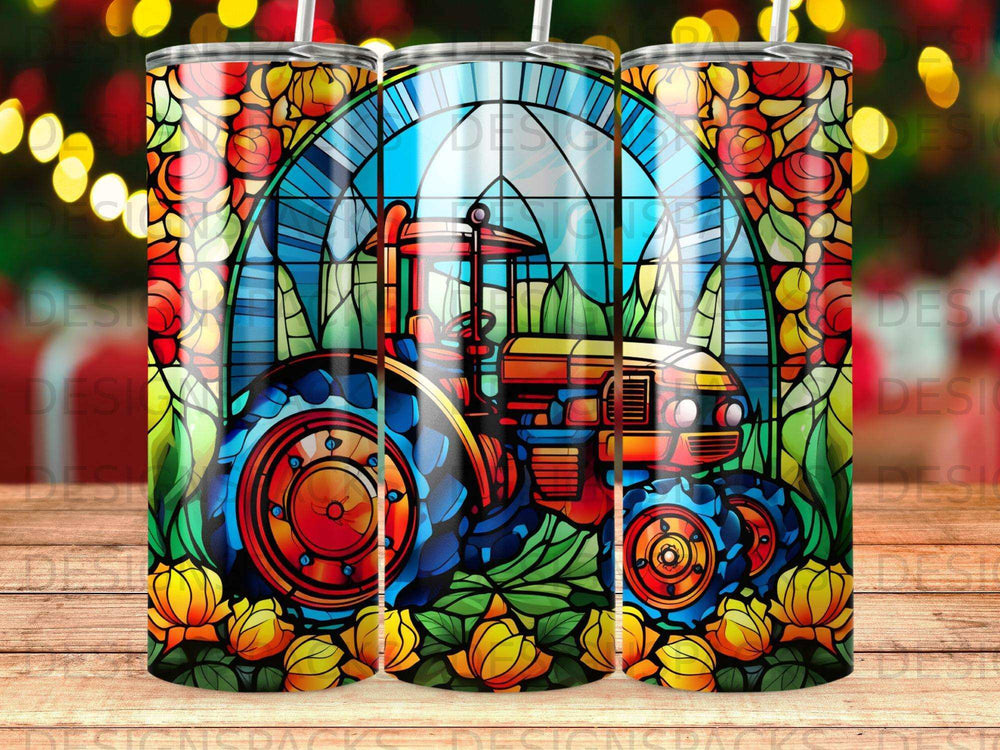Vibrant Stained Glass Tractor Tumbler Digital Wrap Design
