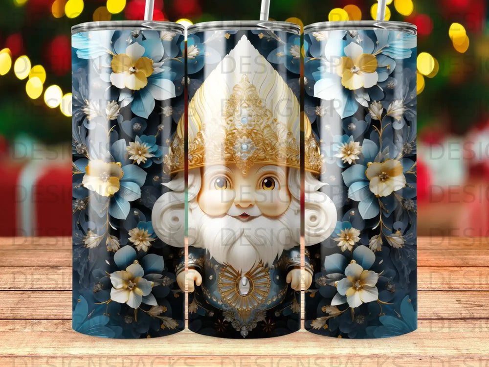 Saint Nicholas character with gold trim on a navy floral patterned tumbler.