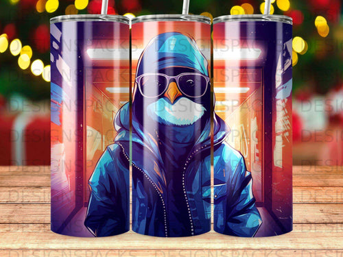 Penguin wearing sunglasses and hoodie, centered on a tumbler design.