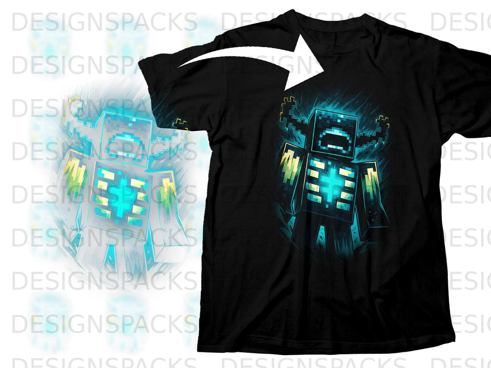 Black t-shirt with a pixelated blue and yellow creature graphic.