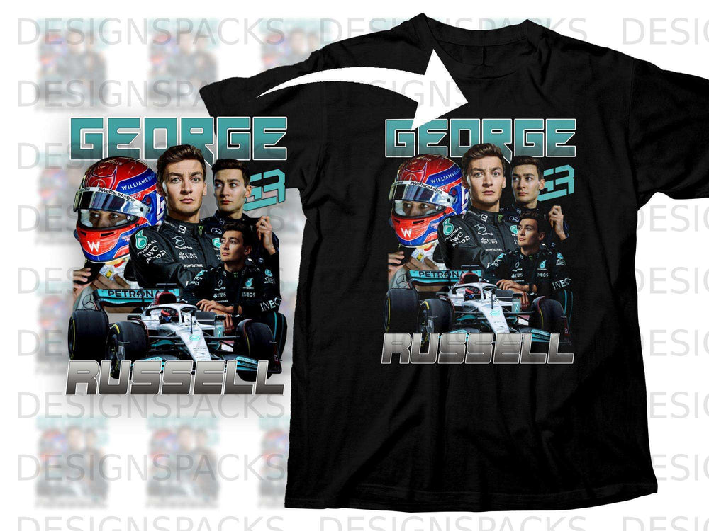 T-shirt with George Russell and Formula 1 car graphic.