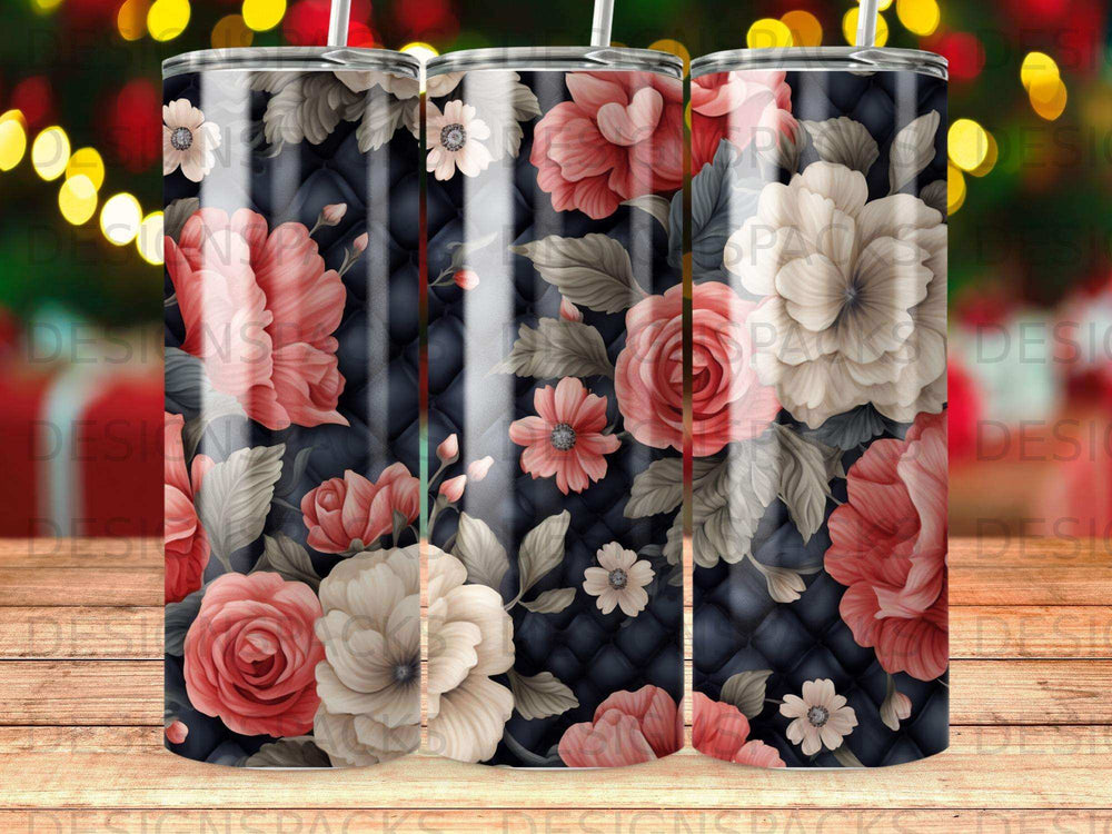 Floral pattern tumbler with quilted dark background and subtle bokeh lights.