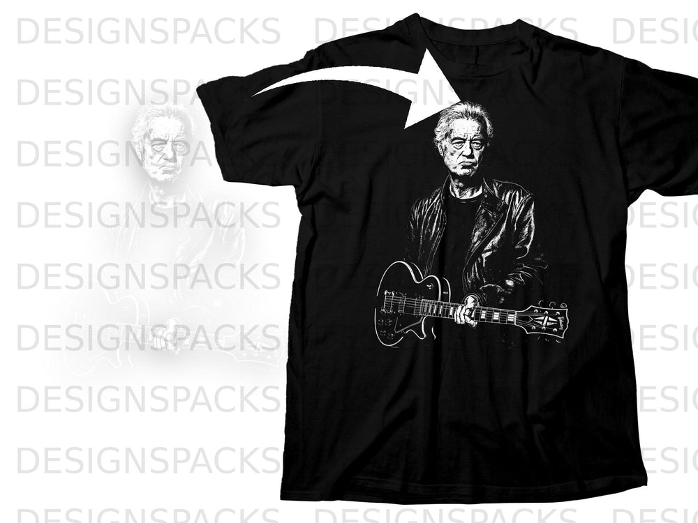 Black t-shirt with a white illustration of a man holding a guitar.
