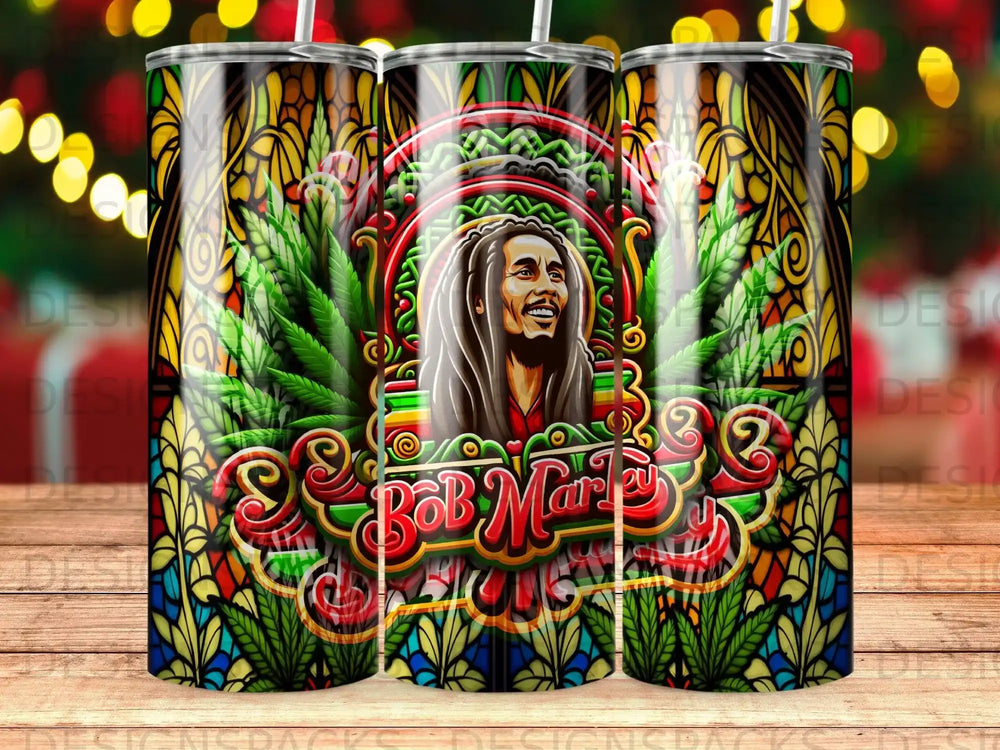 Bob Marley portrait with cannabis leaves and stained glass pattern.