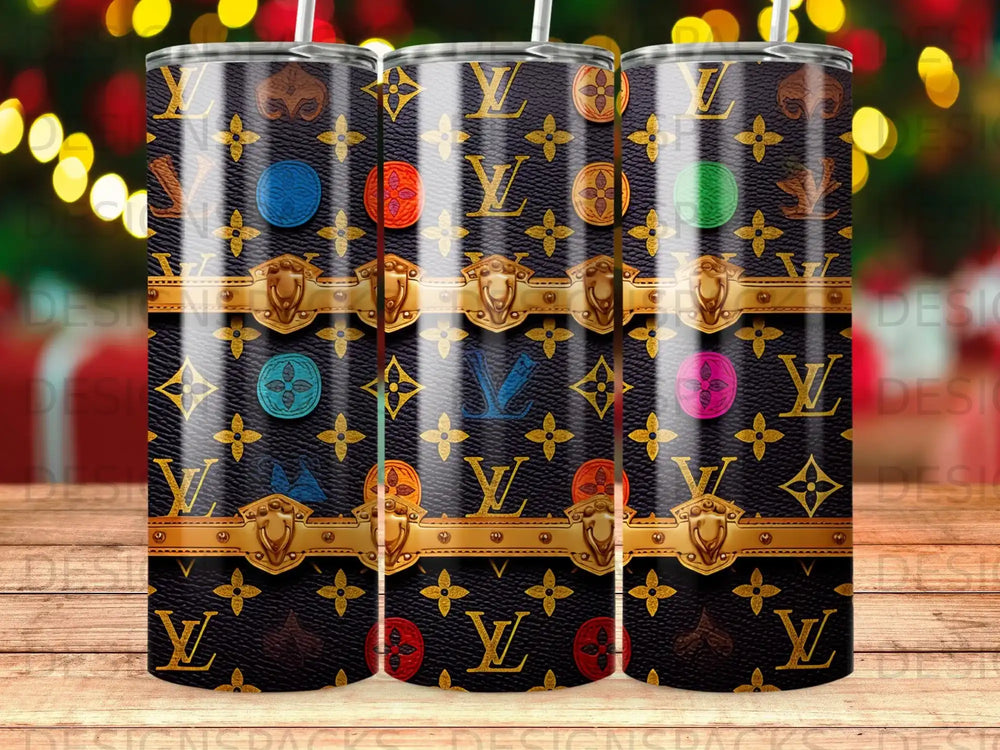 Black tumbler with repeated LV monogram and colorful floral patterns.