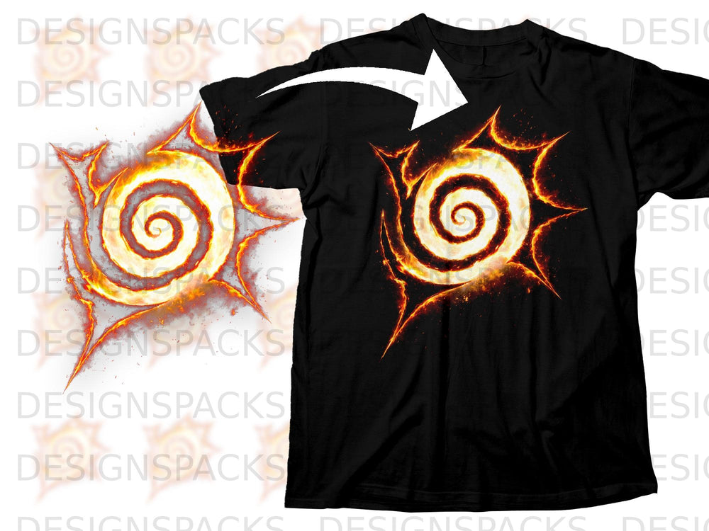 Black t-shirt with a glowing orange and yellow spiral sun graphic.
