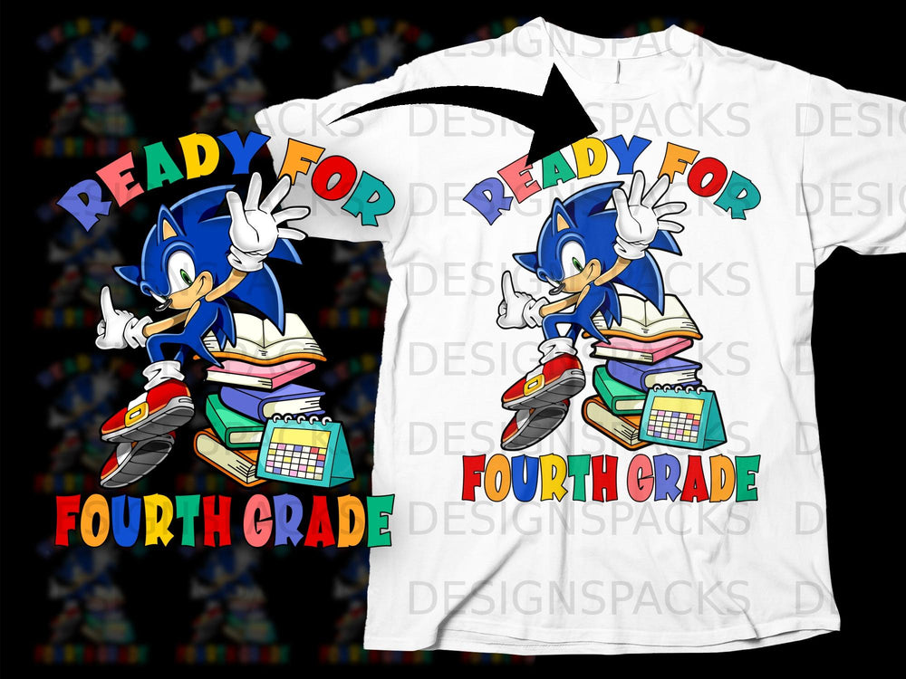 Sonic the Hedgehog sits on books, ready for fourth grade.