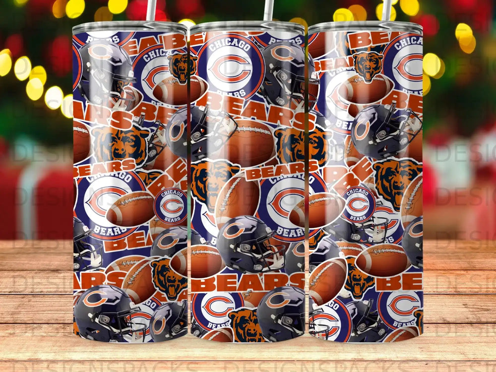 Chicago Bears football helmet and logo collage with American footballs.