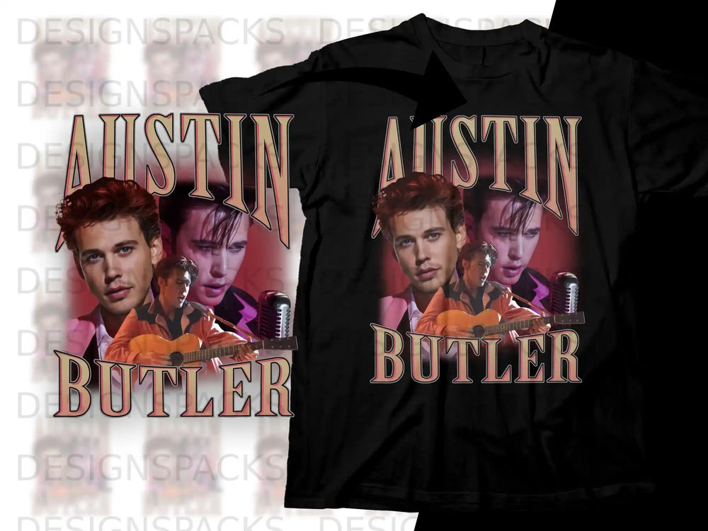 Austin Butler shirt with a vintage portrait and microphone graphic.