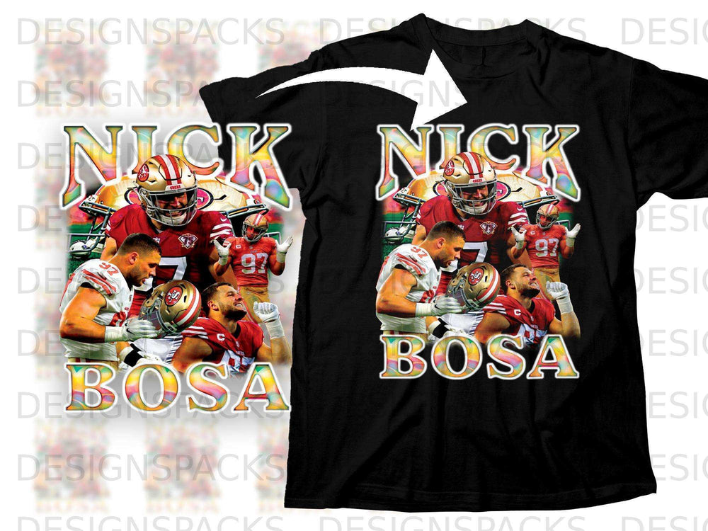 Black t-shirt with Nick Bosa graphic in red, yellow, and white.