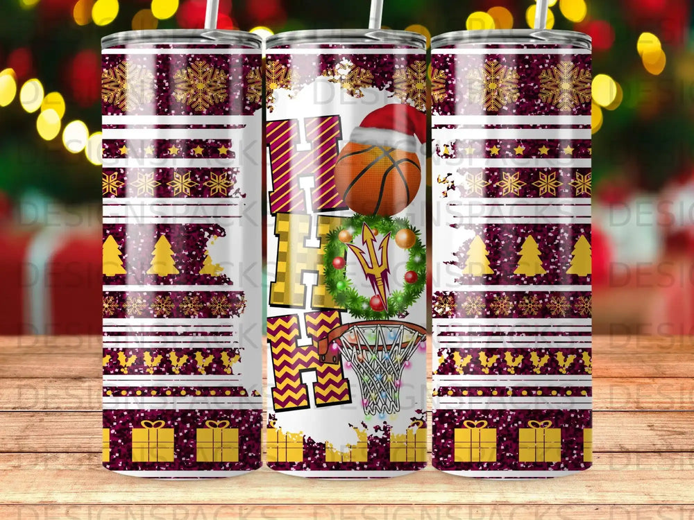 Three tumblers with holiday-themed basketball and gift graphics.