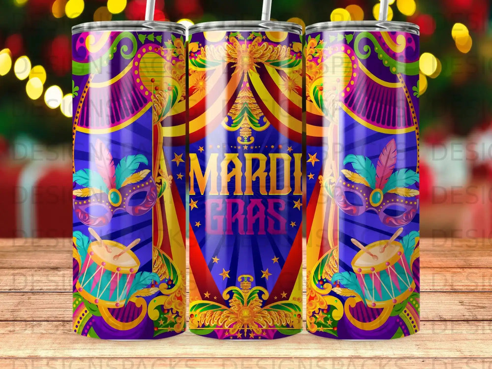 Mardi Gras tumbler with mask, drum, and circus tent design.