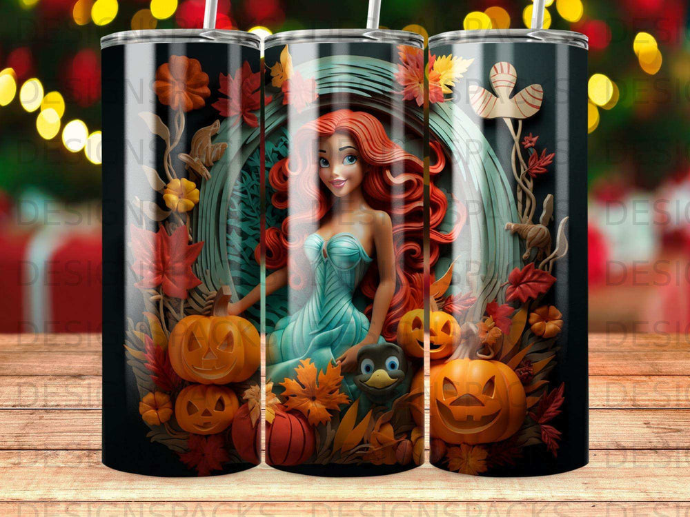 Ariel surrounded by pumpkins and fall leaves, cartoon style.