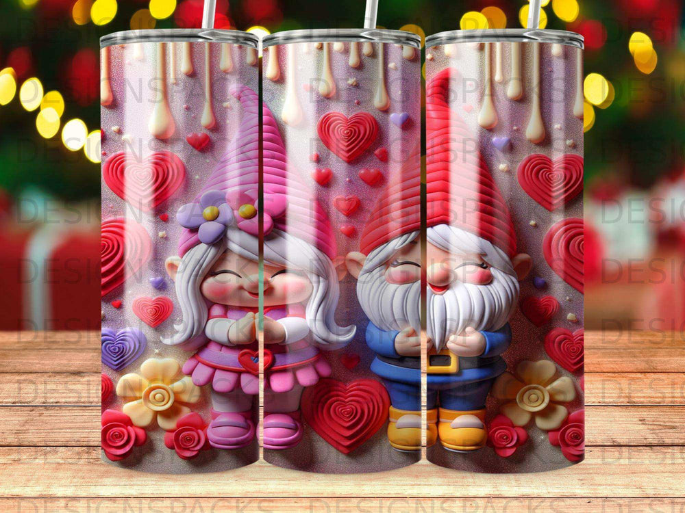 Two gnomes, one girl, one boy, with hearts and flowers.