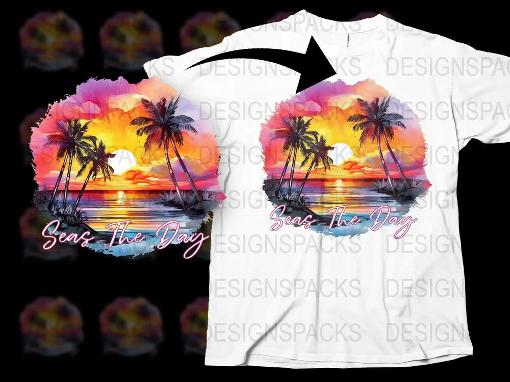 Tropical Beach Sunset T-Shirt, Seas The Day Palm Tree Graphic Tee, Colorful Summer Vacation Shirt