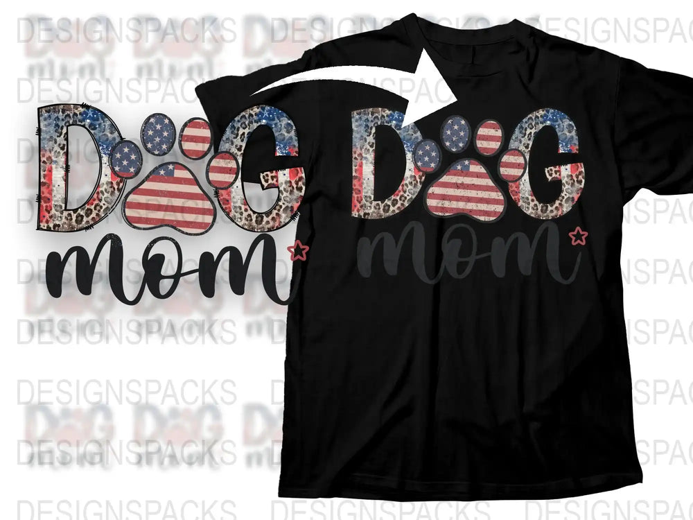 Dog Mom T-Shirt with American Flag Print, Patriotic Pet Lover Gift, Women's Casual Black Tee, Stars and Stripes Design