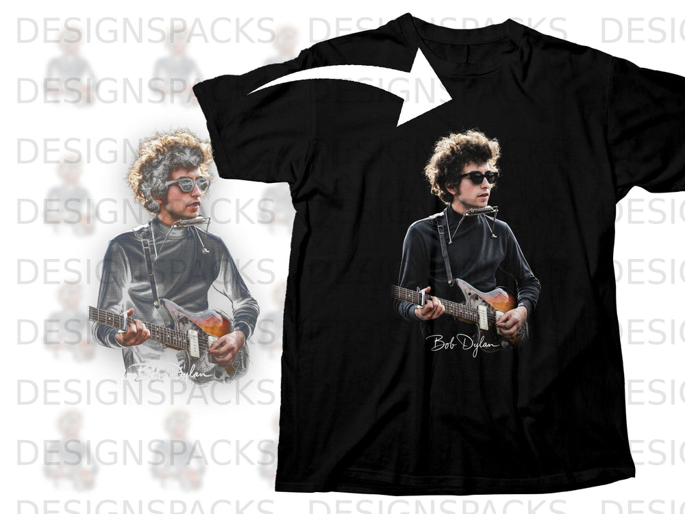 Black t-shirt with Bob Dylan playing guitar and harmonica graphic.