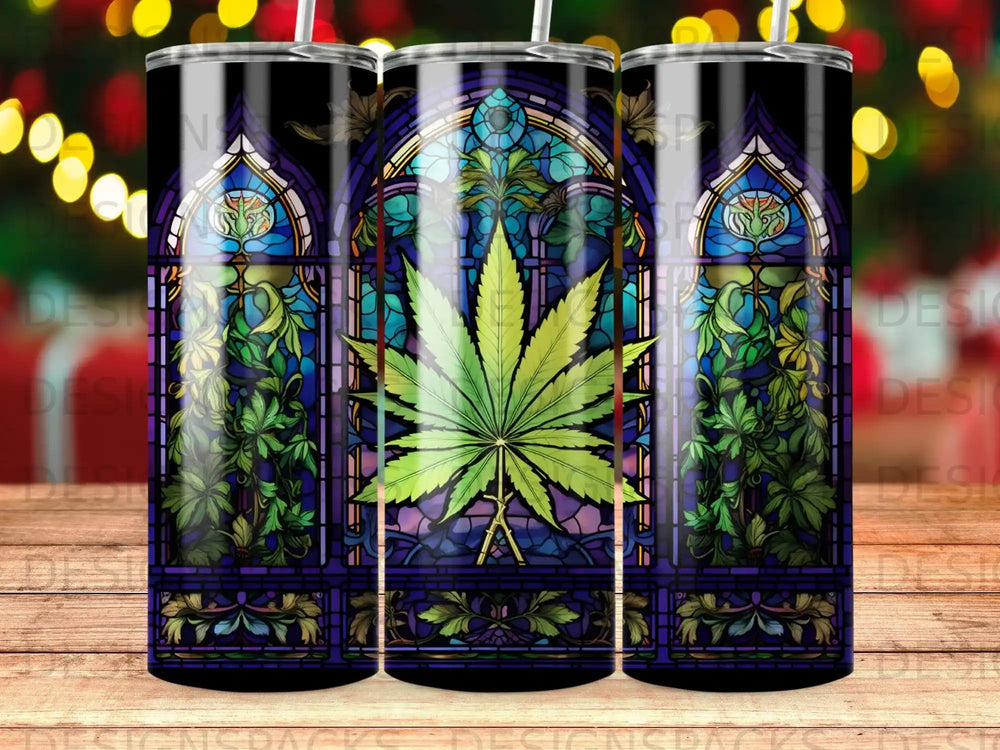 Stained glass tumbler featuring a cannabis leaf and floral designs.