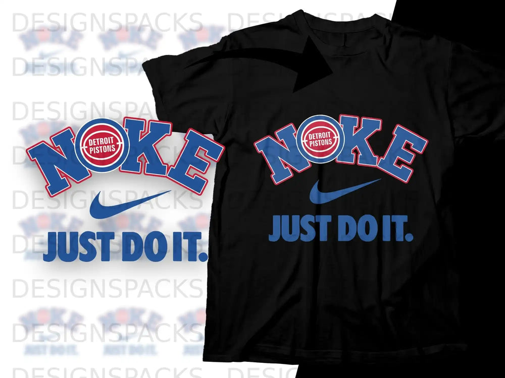 Black t-shirt with "NOKE JUST DO IT." Detroit Pistons logo.