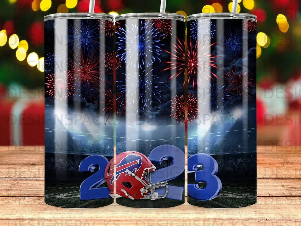 Buffalo Bills helmet and "2023" text with fireworks.