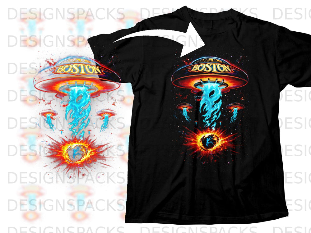 Black t-shirt with Boston spaceship graphic beaming light onto an exploding Earth.
