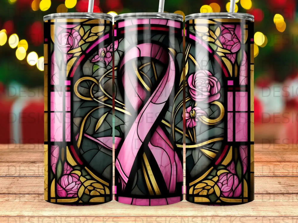 Pink ribbon stained glass design on a tumbler.