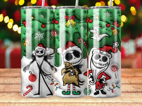 Jack Skellington wearing a Santa hat and holding a sack, with Christmas decorations.