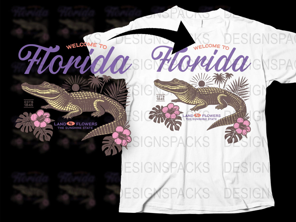 Florida Welcome T-Shirt, Vintage Alligator Graphic, Unisex Tropical Tee, Souvenir Land of Flowers Shirt