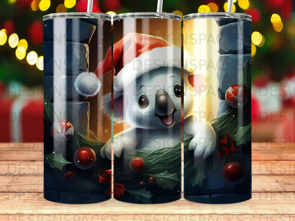 Koala wearing Santa hat peeking through Christmas garland and ornaments.