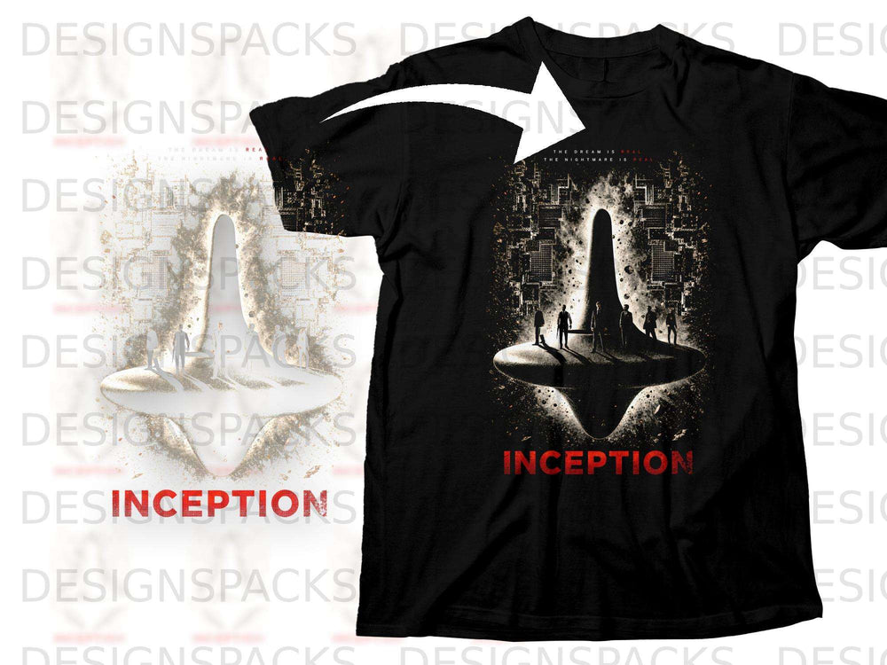 Black t-shirt with Inception movie poster art and text.