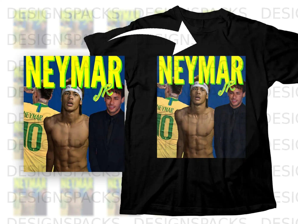 Neymar Jr. wearing a yellow soccer jersey, standing in front of a black t-shirt design.