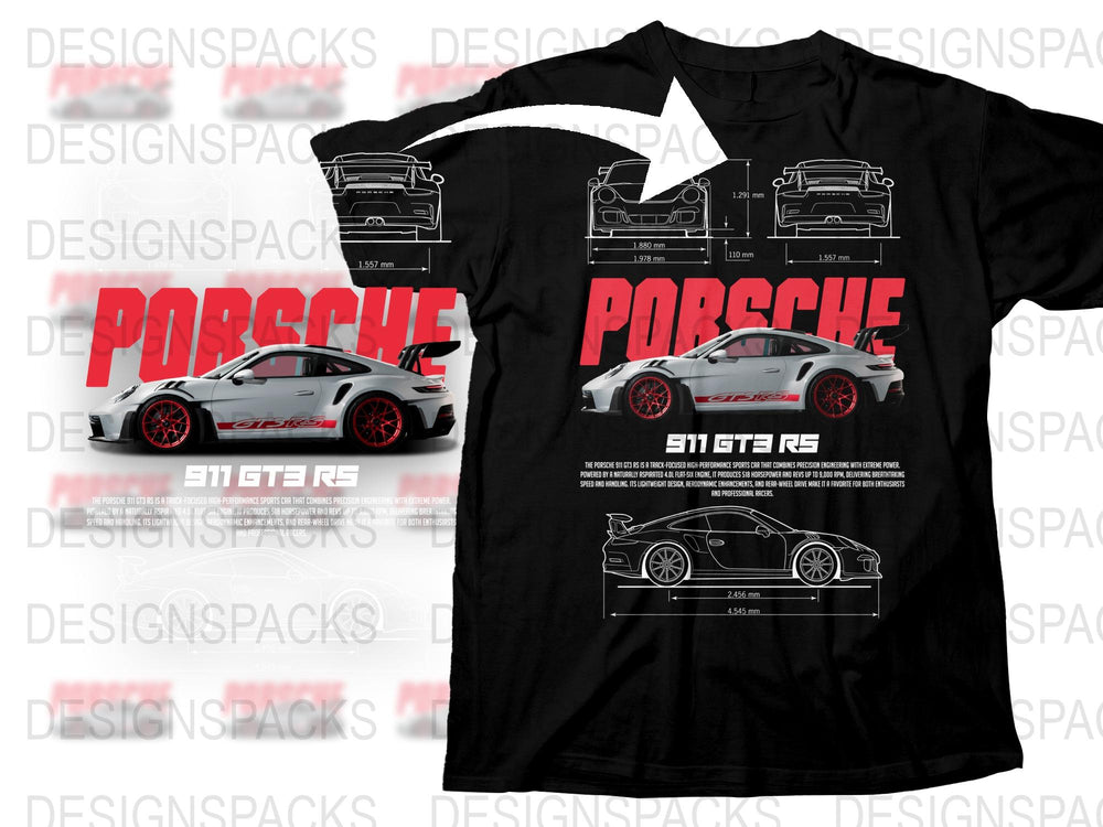 Porsche 911 GT3 RS Graphic T-Shirt, Car Enthusiast Tee, Automotive Black Shirt, Racing Apparel, Collector Gift Idea, Men's Fashion