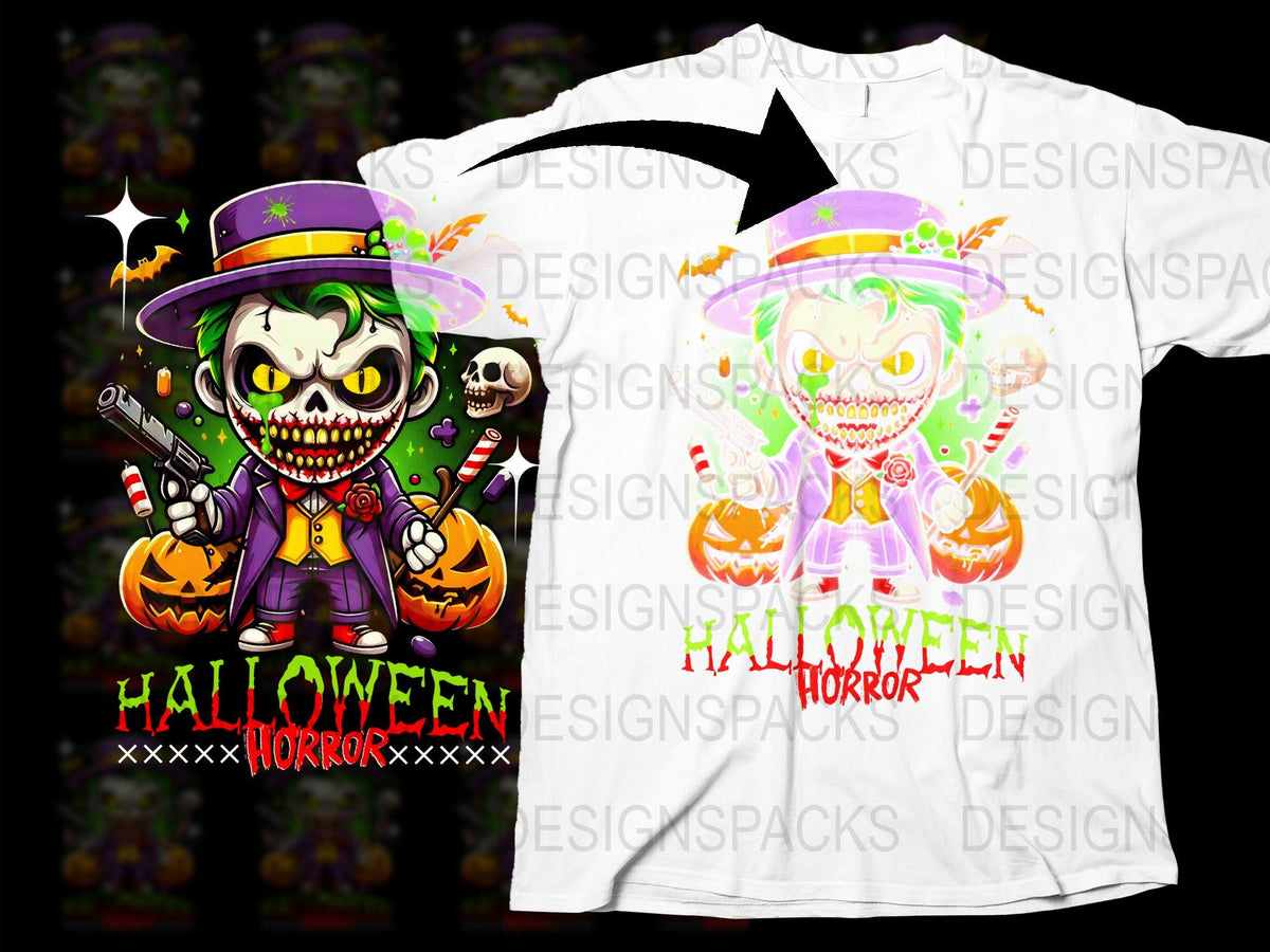 Cartoon Halloween Horror Joker with Pumpkins Design Png Digital Download