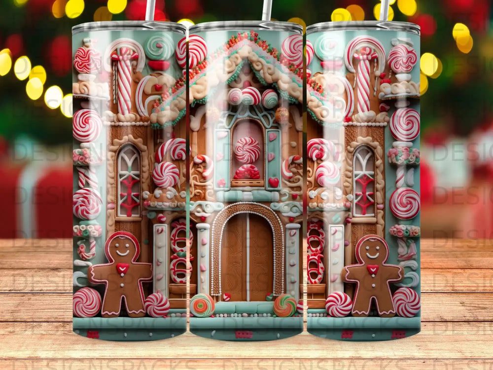 Gingerbread house tumbler design with candy cane and gingerbread man accents.