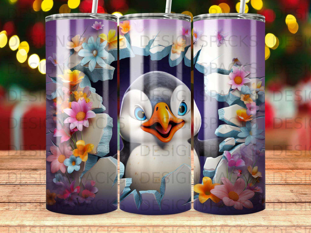 Penguin peeking through cracked ice with colorful flowers.