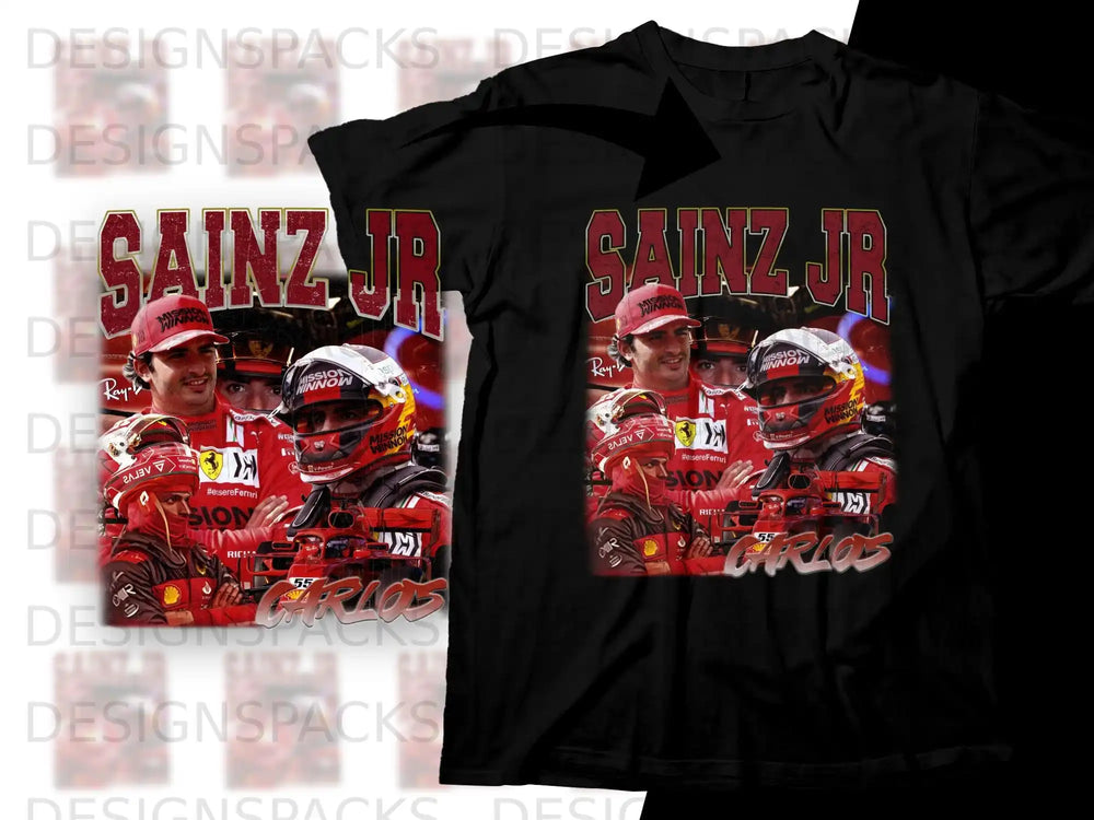 T-shirt with a collage of Carlos Sainz Jr. in racing gear and Ferrari logos.