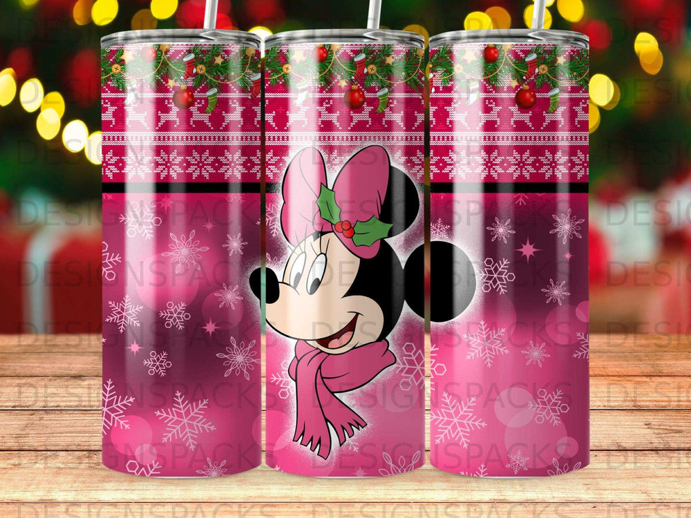 Minnie Mouse wearing a scarf on a pink snowflake and reindeer patterned tumbler.